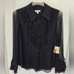 Silk Black Ruffle Sheer Blouse Holiday Party NWT
